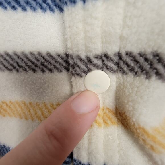 O’Neill Fleece Shacket Striped Cream Yellow Navy Snap Front Cozy Retro Casual - Picture 11 of 12
